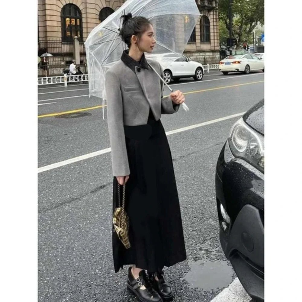 Fashion Classic Gray Cropped‎ Blazer and Black Pleated Maxi Skirt Set 9402 XL